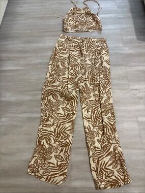 Women's Cream & Brown Leaf-Print Wide-Leg Pants and too